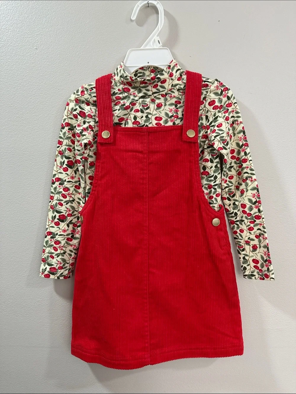 Isaac Mizrahi Red Corduroy Pinafore Dress with Cherry Print Tee